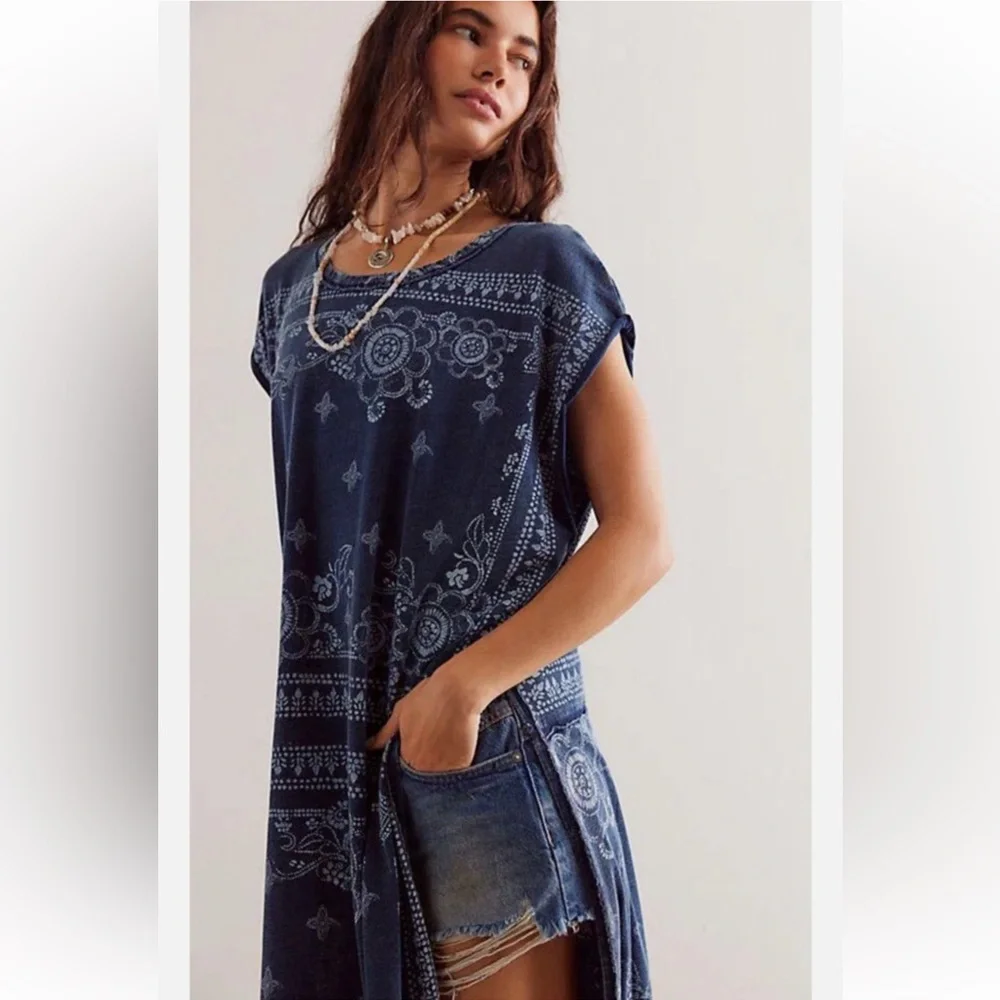 Free People Navy Blue Bandana Print Short Sleeve Tunic